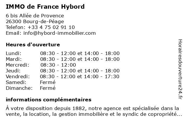 IMMO de France Hybord à Bourg-de-Péage: adresse et heures d'ouverture