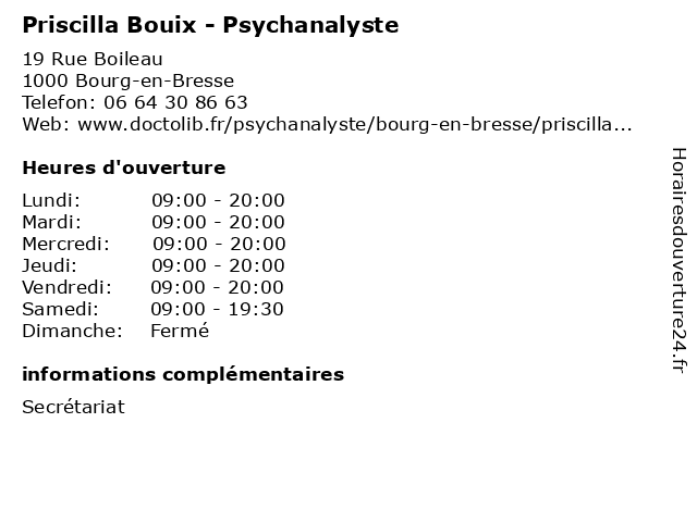 Priscilla Bouix - Psychanalyste à Bourg-en-Bresse: adresse et heures d'ouverture