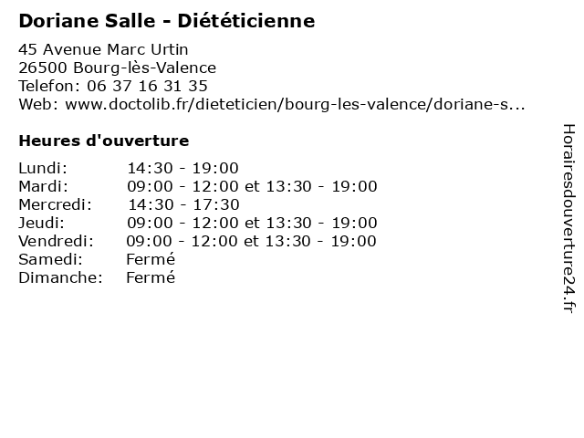 Doriane Salle - Diététicienne à Bourg-lès-Valence: adresse et heures d'ouverture