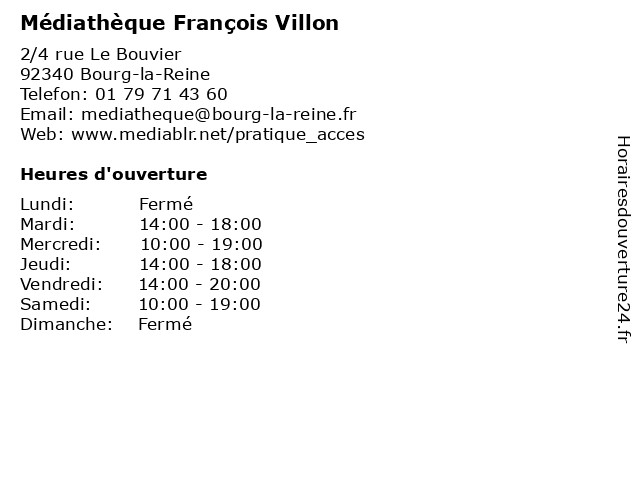 Médiathèque François Villon à Bourg-la-Reine: adresse et heures d'ouverture
