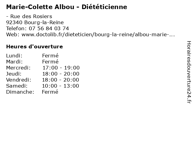 Marie-Colette Albou - Diététicienne à Bourg-la-Reine: adresse et heures d'ouverture