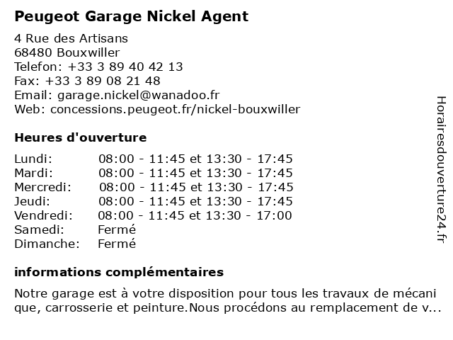 Peugeot Garage Nickel Agent à Bouxwiller: adresse et heures d'ouverture