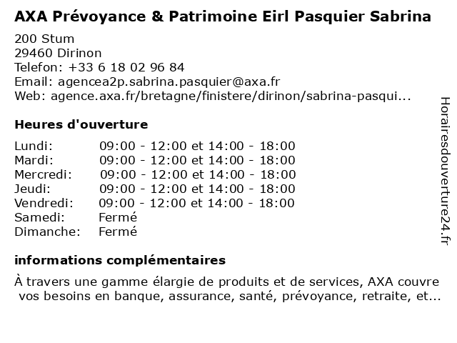 AXA Prévoyance & Patrimoine Eirl Pasquier Sabrina à Brest: adresse et heures d'ouverture