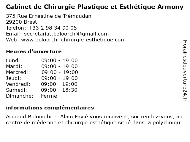 ᐅ horaires d ouverture dr armand boloorchi chirurgien plasticien et esthetique 375 rue ernestine de tremaudan a brest