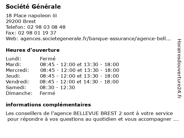 Société Générale à Brest: adresse et heures d'ouverture