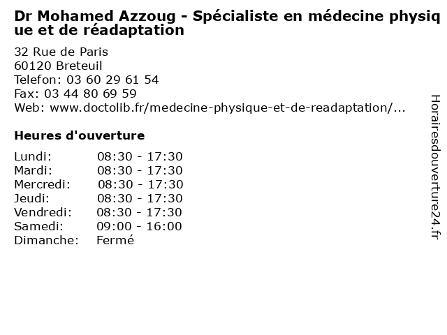 Dr Mohamed Azzoug - Spécialiste en médecine physique et de réadaptation à Breteuil: adresse et heures d'ouverture