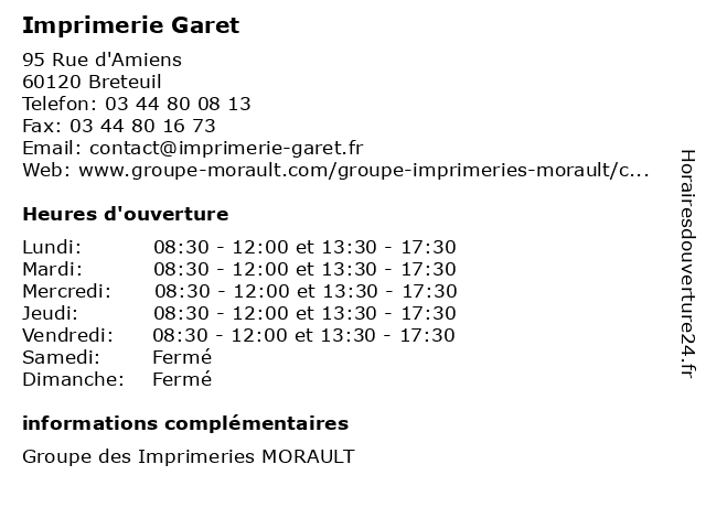 Imprimerie Garet à Breteuil: adresse et heures d'ouverture