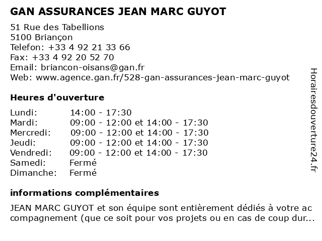 GAN ASSURANCES JEAN MARC GUYOT à Briançon: adresse et heures d'ouverture