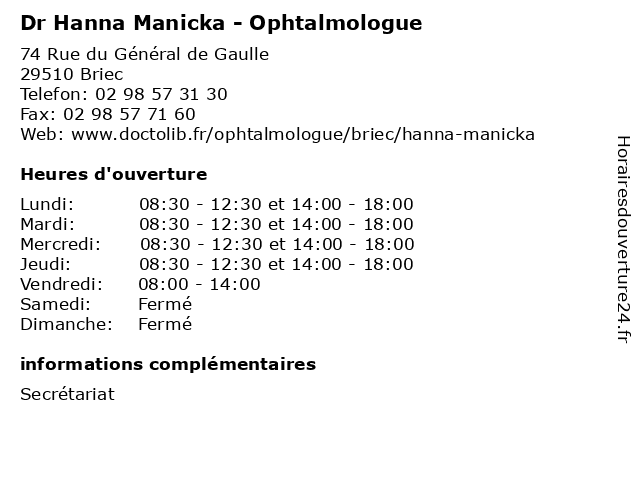 Dr Hanna Manicka - Ophtalmologue à Briec: adresse et heures d'ouverture