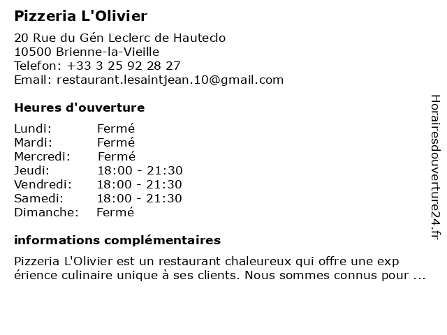 Pizzeria l'Olivier à Brienne-la-Vieille: adresse et heures d'ouverture