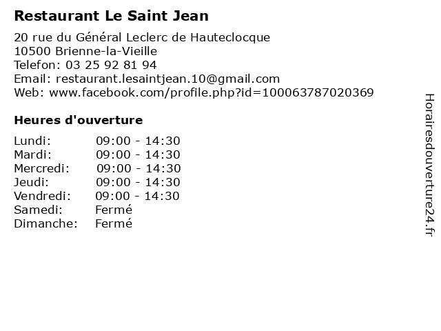 Restaurant Le Saint Jean à Brienne-la-Vieille: adresse et heures d'ouverture