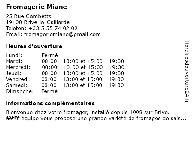 Fromagerie Miane à Brive-la-Gaillarde: adresse et heures d'ouverture