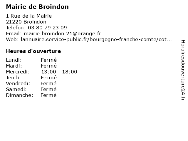 Mairie de Broindon à Broindon: adresse et heures d'ouverture
