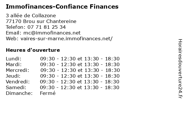 Immofinances-Confiance Finances à Brou sur Chantereine: adresse et heures d'ouverture