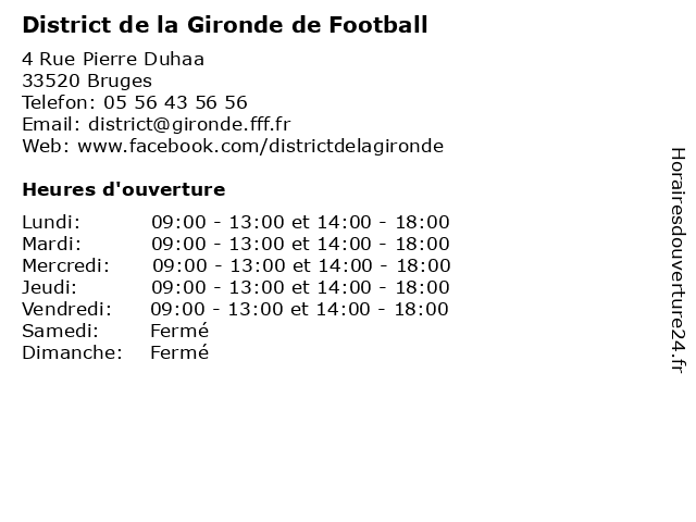District de la Gironde de Football à Bruges: adresse et heures d'ouverture