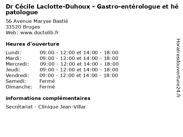 Dr Cécile Laclotte-Duhoux - Gastro-entérologue et hépatologue à Bruges: adresse et heures d'ouverture
