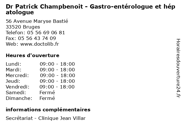 Dr Patrick Champbenoit - Gastro-entérologue et hépatologue à Bruges: adresse et heures d'ouverture