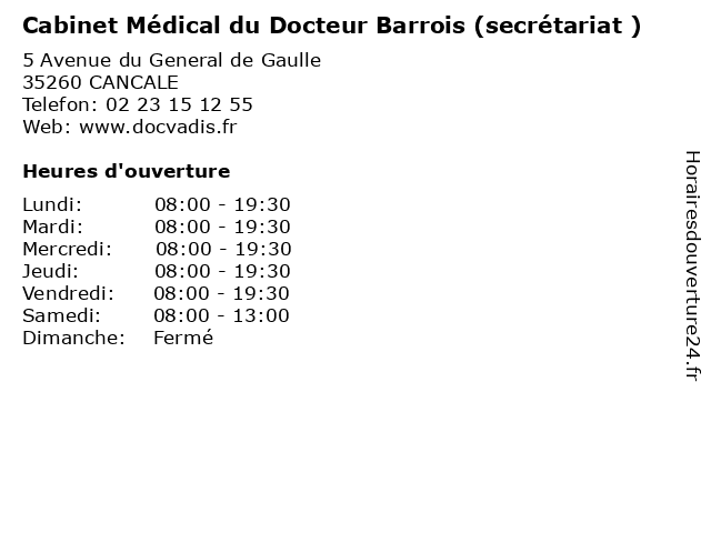 Cabinet Médical du Docteur Barrois (secrétariat ) à CANCALE: adresse et heures d'ouverture