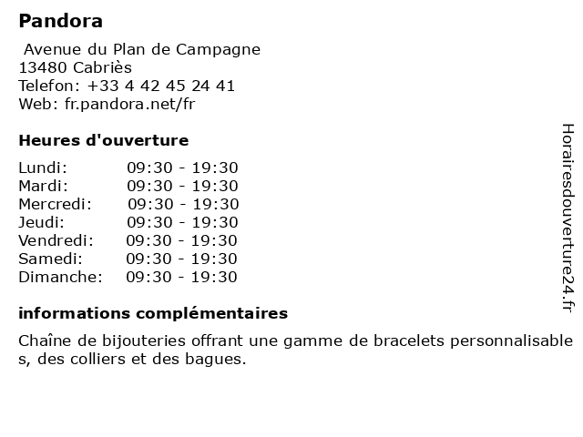 ᐅ Horaires d'ouverture „Pandora“ | Avenue du Plan de Campagne à ... ᐅ Horaires d'ouverture „Pandora“ | Avenue du Plan de Campagne à ...