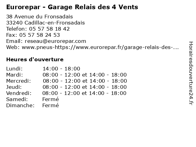 Eurorepar - Garage Relais des 4 Vents à Cadillac-en-Fronsadais: adresse et heures d'ouverture