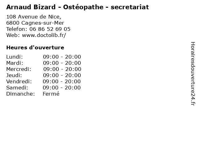 Arnaud Bizard - Ostéopathe - secretariat à Cagnes-sur-Mer: adresse et heures d'ouverture
