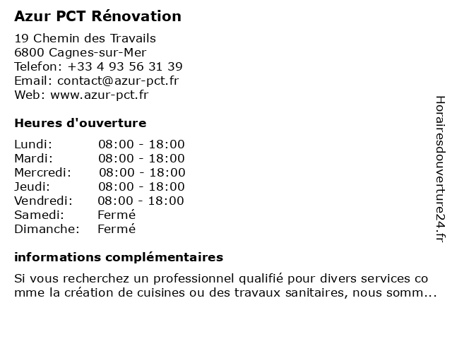Azur PCT Rénovation à Cagnes-sur-Mer: adresse et heures d'ouverture