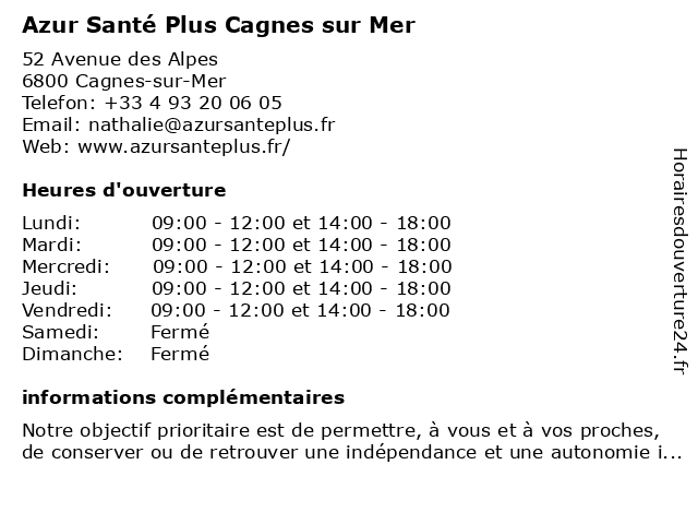 Azur Santé Plus Cagnes sur Mer à Cagnes-sur-Mer: adresse et heures d'ouverture