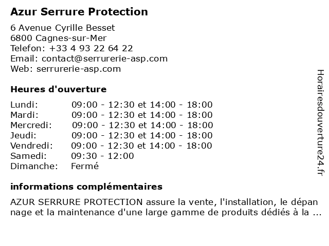 Azur Serrure Protection à Cagnes-sur-Mer: adresse et heures d'ouverture