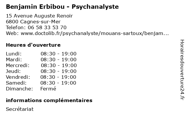 Benjamin Erbibou - Psychanalyste à Cagnes-sur-Mer: adresse et heures d'ouverture
