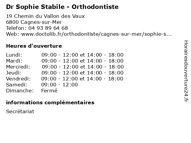 Dr Sophie Stabile - Orthodontiste à Cagnes-sur-Mer: adresse et heures d'ouverture