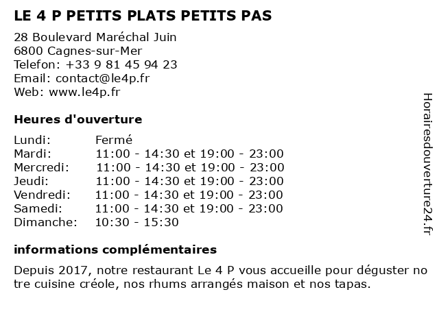 LE 4 P PETITS PLATS PETITS PAS à Cagnes-sur-Mer: adresse et heures d'ouverture