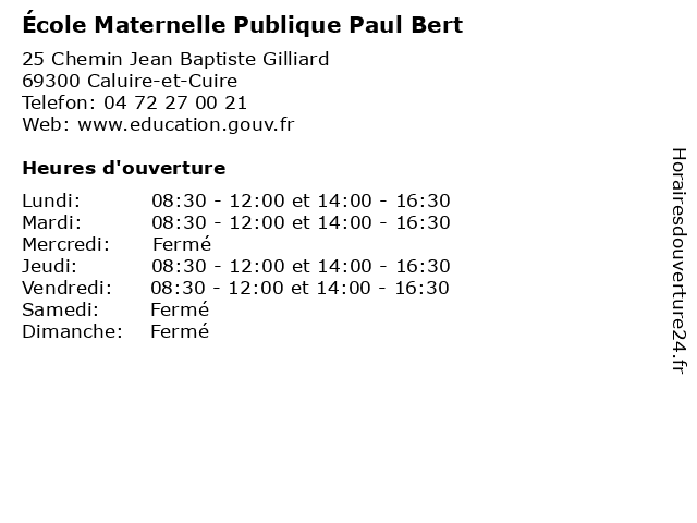 École Maternelle Publique Paul Bert à Caluire-et-Cuire: adresse et heures d'ouverture