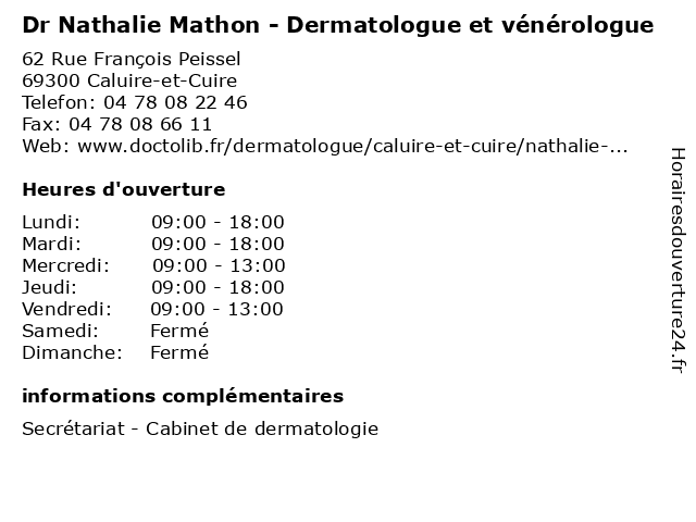 Dr Nathalie Mathon - Dermatologue et vénérologue à Caluire-et-Cuire: adresse et heures d'ouverture