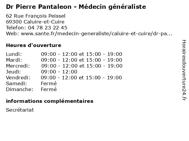 Dr Pierre Pantaleon - Médecin généraliste à Caluire-et-Cuire: adresse et heures d'ouverture