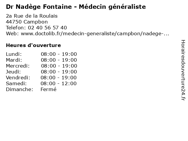 Dr Nadège Fontaine - Médecin généraliste à Campbon: adresse et heures d'ouverture