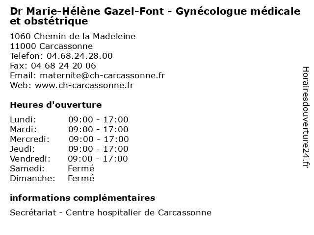 Dr Marie-Hélène Gazel-Font - Gynécologue médicale et obstétrique à Carcassonne: adresse et heures d'ouverture