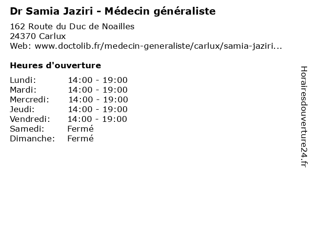 Dr Samia Jaziri - Médecin généraliste à Carlux: adresse et heures d'ouverture