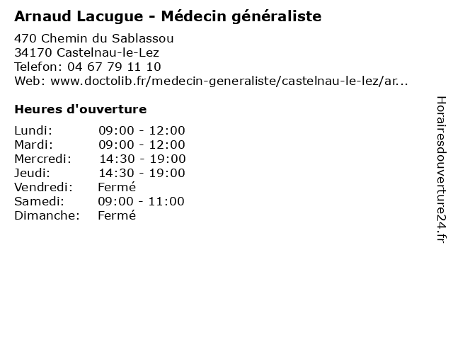 Arnaud Lacugue - Médecin généraliste à Castelnau-le-Lez: adresse et heures d'ouverture