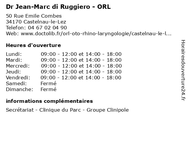 Dr Jean-Marc di Ruggiero - ORL à Castelnau-le-Lez: adresse et heures d'ouverture