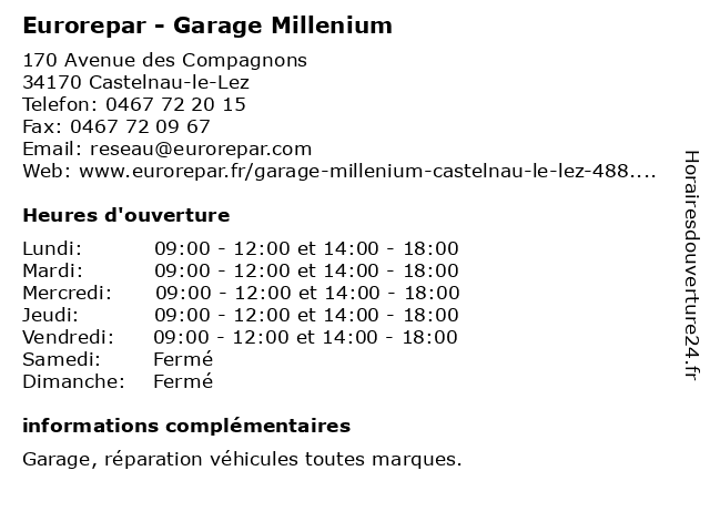 Eurorepar - Garage Millenium à Castelnau-le-Lez: adresse et heures d'ouverture
