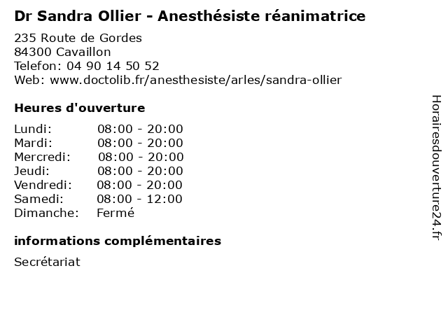 Dr Sandra Ollier - Anesthésiste réanimatrice à Cavaillon: adresse et heures d'ouverture