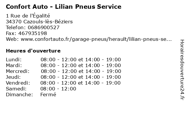 Confort Auto - Lilian Pneus Service à Cazouls-lès-Béziers: adresse et heures d'ouverture