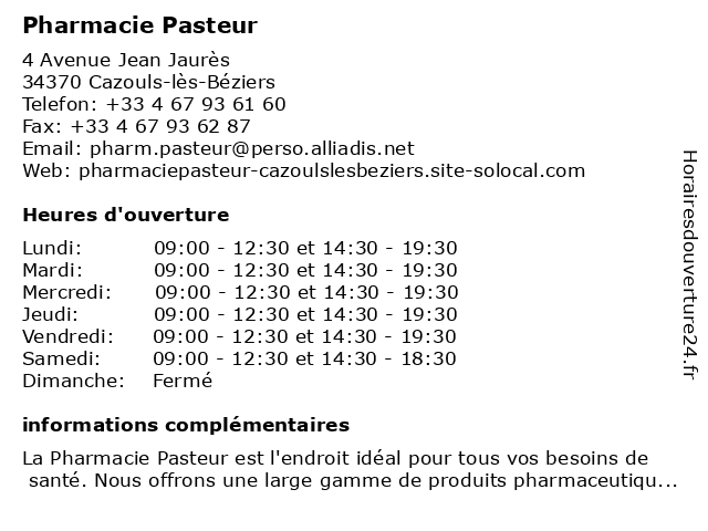 Pharmacie Pasteur à Cazouls-lès-Béziers: adresse et heures d'ouverture