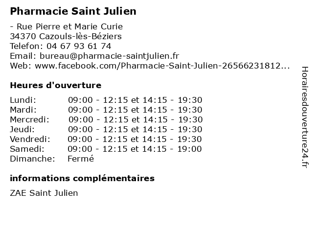 Pharmacie Saint Julien à Cazouls-lès-Béziers: adresse et heures d'ouverture
