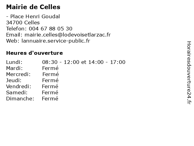Mairie de Celles à Celles: adresse et heures d'ouverture