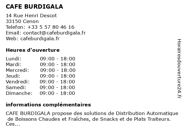 CAFE BURDIGALA à Cenon: adresse et heures d'ouverture