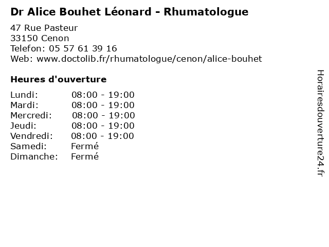 Dr Alice Bouhet Léonard - Rhumatologue à Cenon: adresse et heures d'ouverture