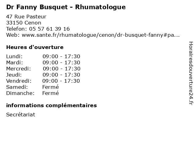 Dr Fanny Busquet - Rhumatologue à Cenon: adresse et heures d'ouverture