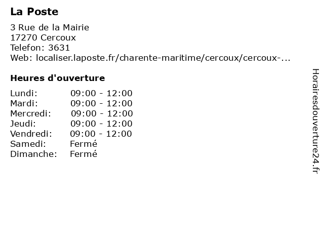 La Poste à Cercoux: adresse et heures d'ouverture