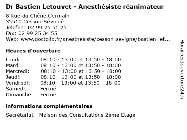 Dr Bastien Letouvet - Anesthésiste réanimateur à Cesson-Sévigné: adresse et heures d'ouverture